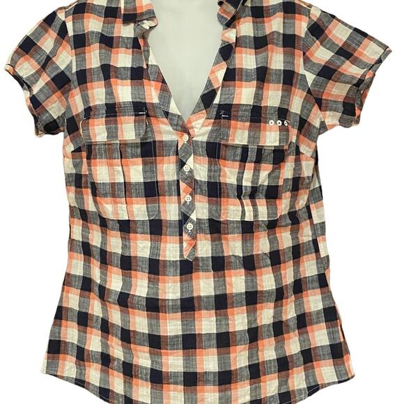 Columbia Womens PFG Blue and Coral Plaid Short Sleeve Cotton Shirt Medium - Picture 1 of 8